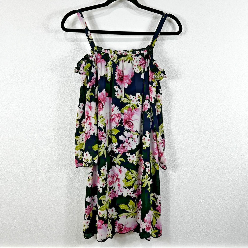 Lily Rose Dress Floral Cold Shoulder Chiffon Black Pink Womens Size M